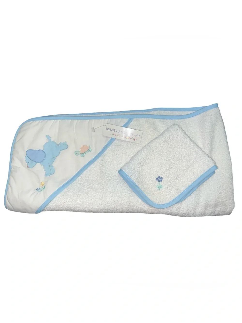 Vtg House Of Hatten Blue Puppy Turtle Baby Hooded Towel & Washcloth Set